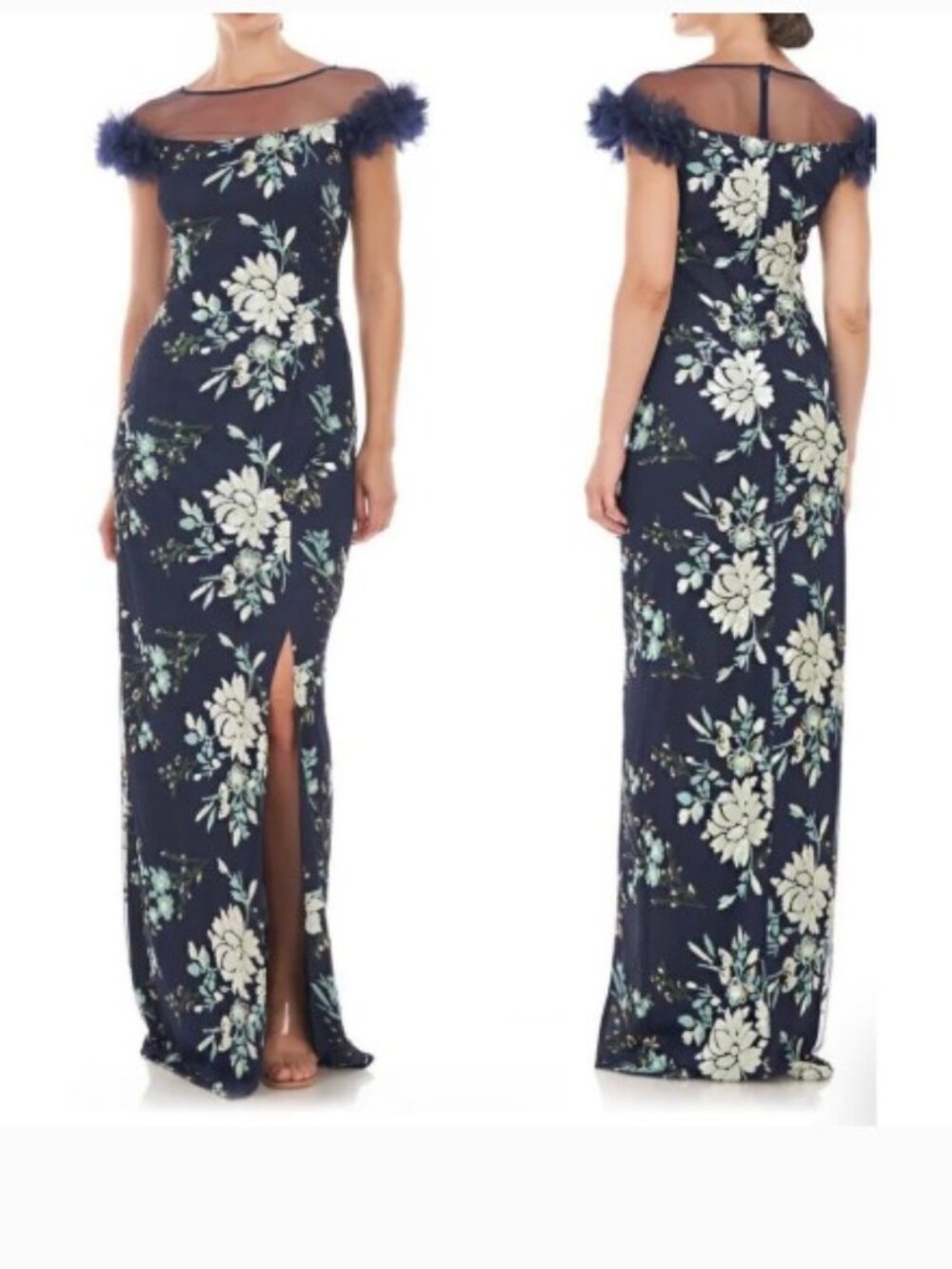 JS Collections Hally Gown Navy Pistachio sequin embroidered column gown